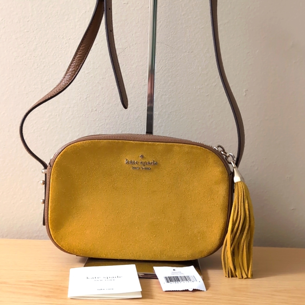 Kate Spade Kourtney Camera Bag, Yellow Suede/Brown Leather